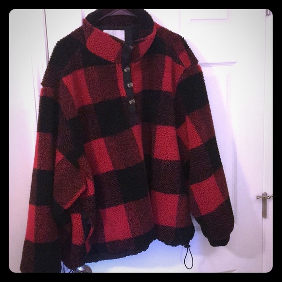 red and black sherpa pullover